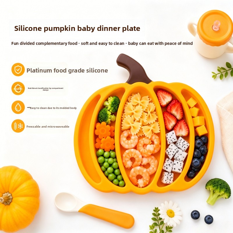Baby Food Dinner - Pumpkin Silicone Baby Divided Plate, Anti-Shatter
